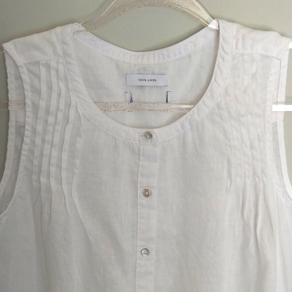 White 100% Linen Button-Front Sleeveless Top - Picture 3 of 9